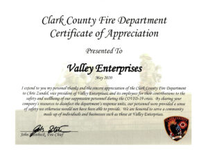 Clark County Fire Department Certificate of Appreciation Presented to Valley Enterprises May 2020